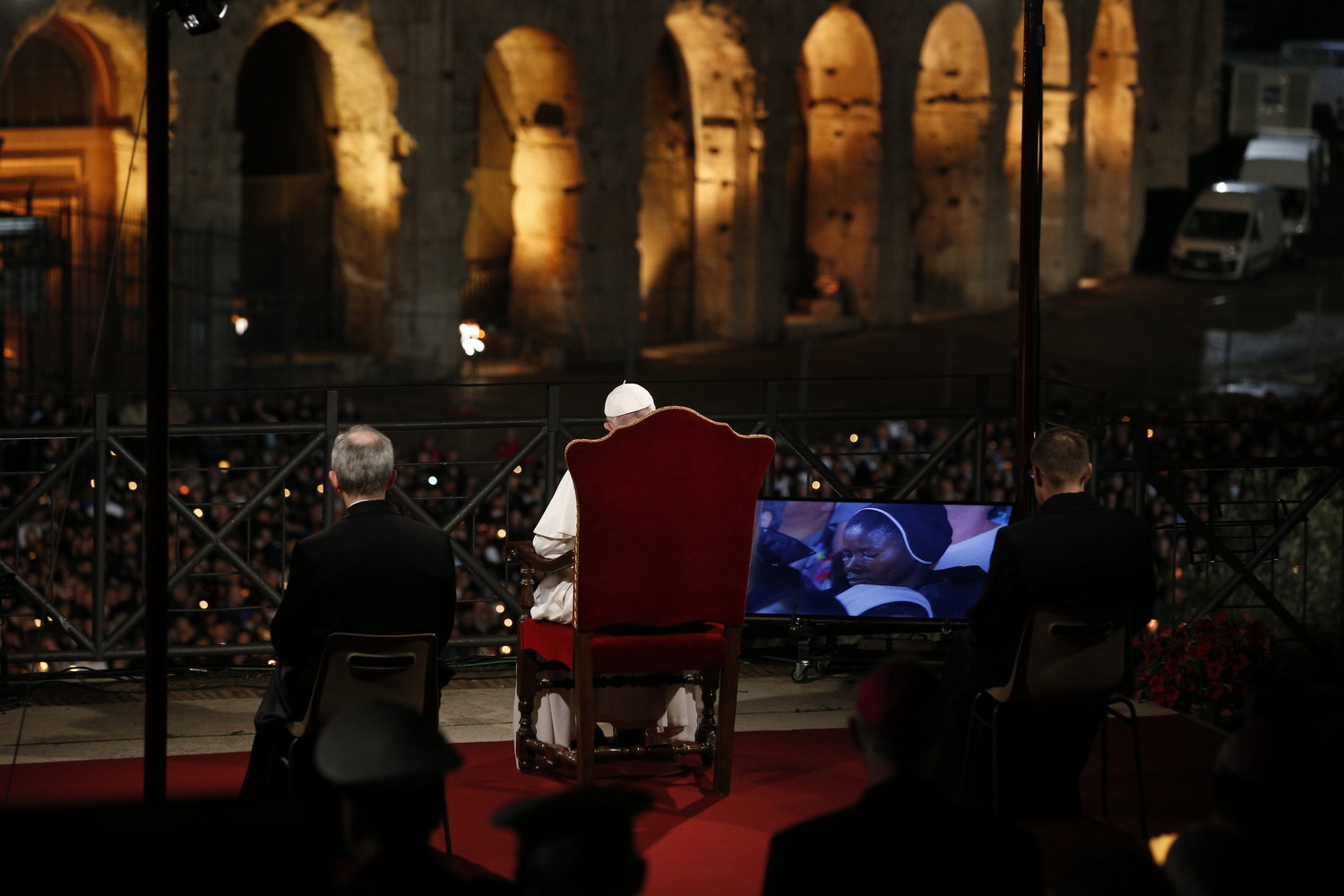 Pope Francis leads the Way of the Cross outside the Colosseum in Rome April 19, 2019.
